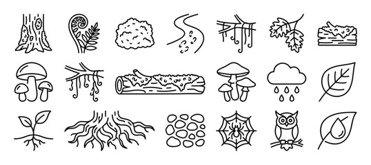 Obraz premium Collection of twenty simple black outline icons representing various elements of nature and forest life