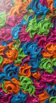 Vibrant chaotic swirls of thick acrylic paint creating a textured, energetic, and completely non-objective artistic background surface, contemporary, colorful, wallpaper