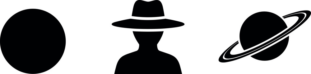 Minimalist Black Vector Icon Set Featuring a Solid Circle Symbol, a Mysterious Silhouette Wearing a Hat, and a Ringed Planet. © BIPUL