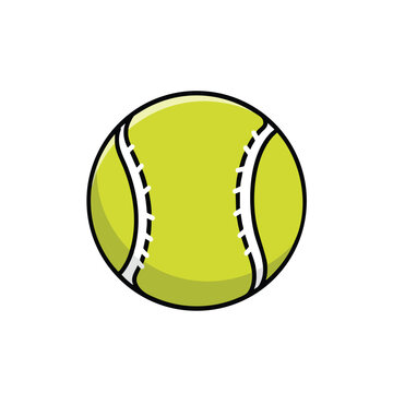 A stylized, lime-green tennis ball with white stitches and a black outline on a white background