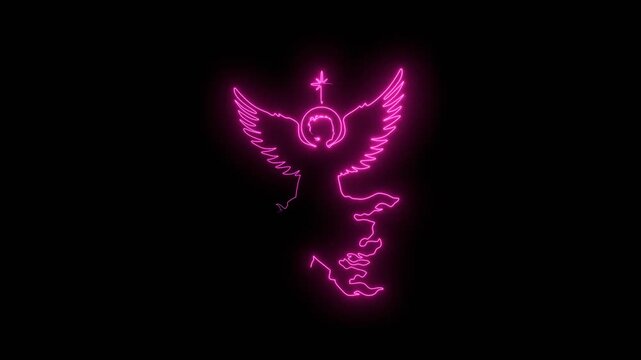 Fantasy woman angel warrior with wings, Warlike girl goddess. Lady elf holding sword in hand. Neon glowing.