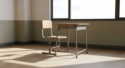 Fototapeta premium Empty wooden school desk and chair in empty classroom illuminated by sunlight symbolizing absence or back to school educational concept.