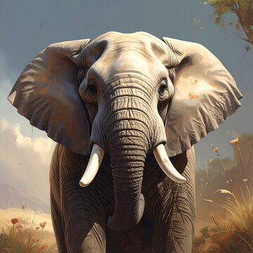A large elephant with big ears and long tusks stands in a savannah