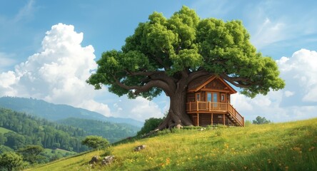 Fototapeta premium Vibrant photorealistic cartoon image of a tree house perched on a sunny hillside