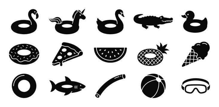 Collection of black silhouette icons depicting various pool floats, summer items, and beach accessories arranged neatly