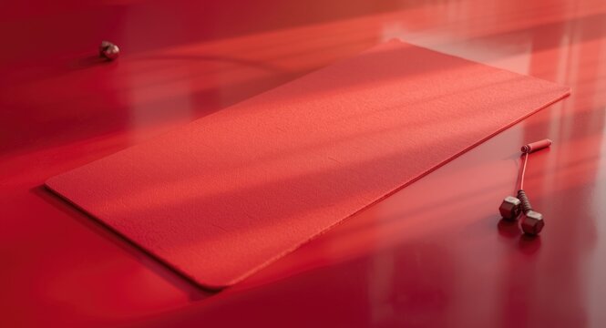 Workout setup with vibrant red yoga mat on retro red surface featuring copy space for fitness ideas