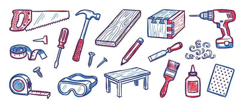 Vibrant collection of hand-drawn woodworking tools and materials in a playful, sketchy style with red and blue accents