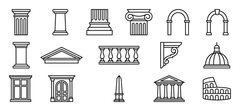 Collection of various architectural elements and ancient building icons in a clean outline style