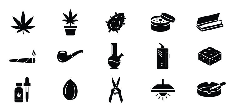 Collection of fifteen black cannabis-related icons, including a leaf, plant, bud, grinder, rolling papers, joint, pipe, bong, vape, edible, oil, seed, shears, grow light, and ashtray,
