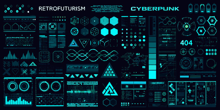 A vibrant detailed collection of retrofuturism and cyberpunk interface elements
