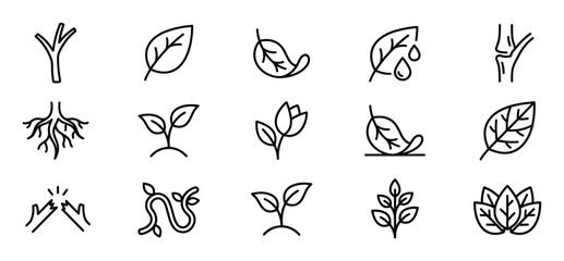 Fototapeta premium Collection of various outline icons depicting plant growth, leaves, roots, and botanical elements in a clean, minimalist style