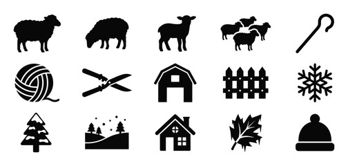 Obraz premium Collection of black silhouette icons representing various farm, nature, and winter elements in a clean, graphic style