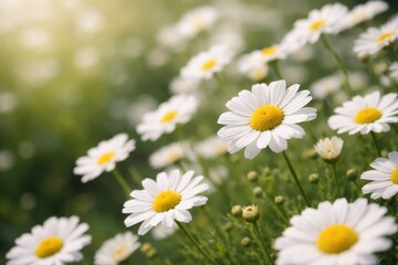 Fototapeta premium Close-up view of white chamomile blossoms with copy space