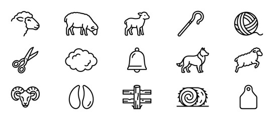 Fototapeta premium Collection of fifteen black outline icons related to sheep farming, including lambs, rams, wool, and shepherd tools, presented in a clean, graphic style