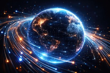 Obraz premium Digital globe surrounded by rapid optical fiber lights on a dark backdrop