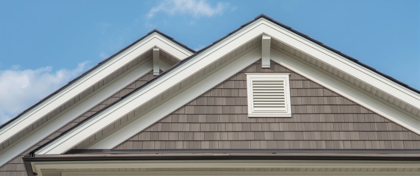 Vinyl sided gable roof with white fascia and soffit featuring corbel and bracket details framed by sky backdrop
