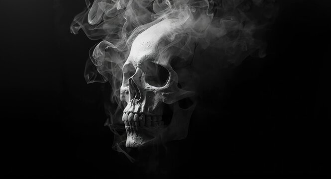 Ghostly monochrome skull with smoky ash drifting into the air