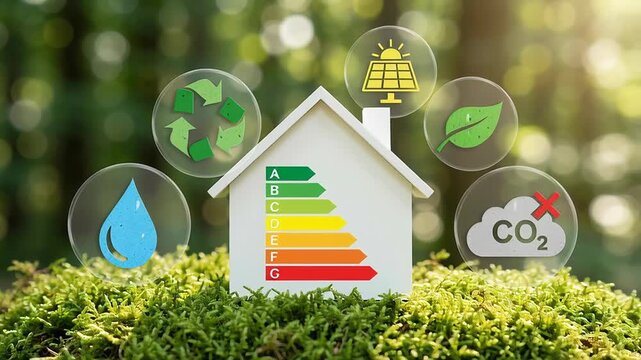 Energy source for zero carbon electricity supports economy and waste reduction with house model featuring colorful solar, leaf, water, recycle, and CO2 icons on green moss background