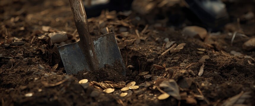Treasure hunter using shovel to dig up cash and coins from the ground