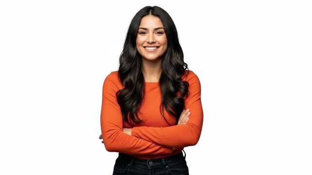 A confident young woman smiling with arms crossed against a plain background