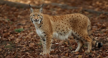 Fototapeta premium Wild Iberian Lynx Standing Proudly on Warm Leafy Ground