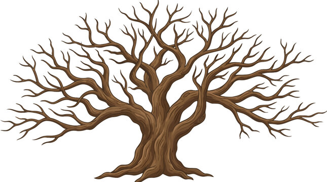 A detailed illustration of a large, old, bare tree with many intricate branches and a thick, textured trunk, set against a white background.
