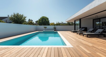 Fototapeta premium Spacious minimalist timber deck highlighting swimming pool with sunny weather