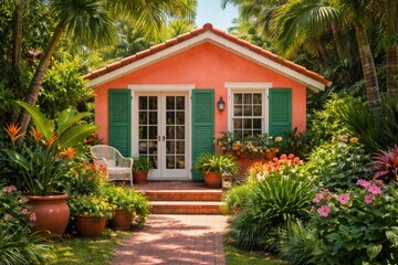 Fototapeta premium Charming small coral house with green shutters and lush tropical plants in peaceful garden