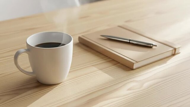 A warm cup of coffee beside an open notebook and pen on a desk