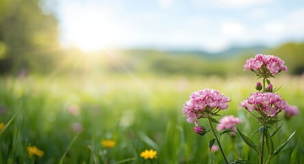 Obraz premium Cheerful summer banner of pink clover flowers in full bloom on a bright nature background and text area
