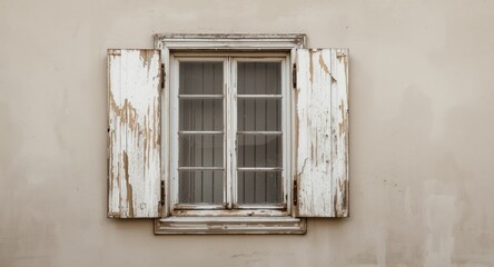 Fototapeta premium Weather-beaten vintage window with white peeling paint and rustic shutters on a plain neutral background