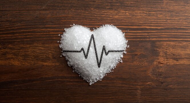 Heart shaped salt presentation with EKG line emphasizing less salt use for heart disease prevention and blood pressure maintenance on wooden surface