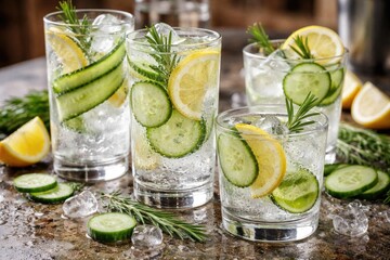 Fototapeta premium Refreshing Gin Cocktails with Cucumber and Lemon Slices on Rustic Table