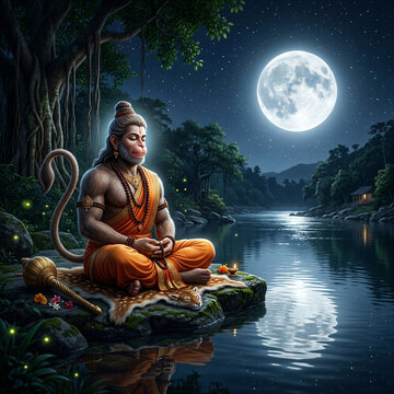 Lord Hanuman meditating on a rock by a moonlit river in a forest at night