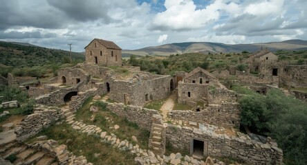 Fototapeta premium Wide view emphasizing stone crafted buildings and underground homes in a historic village