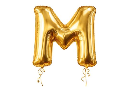 Golden Foil Helium Balloon Letter M Isolated on White Background