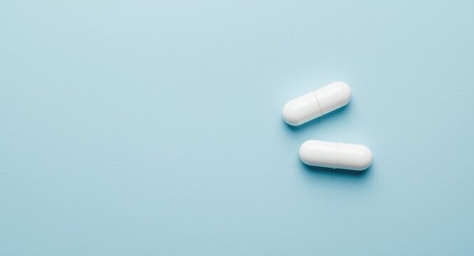 Two white capsules placed on soft blue grainy background with copy space
