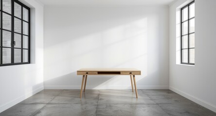 Fototapeta premium White wall home office with wooden desk and minimalistic concrete flooring