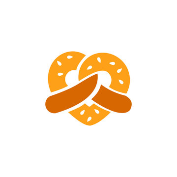 A modern, flat-design vector icon of a pretzel shaped like a heart.