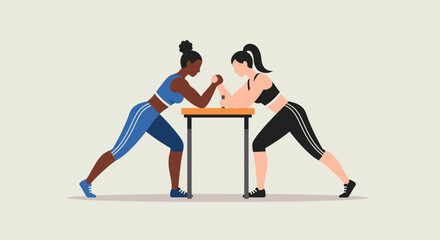 Fototapeta premium Women arm wrestling match illustration in sporty competition scene