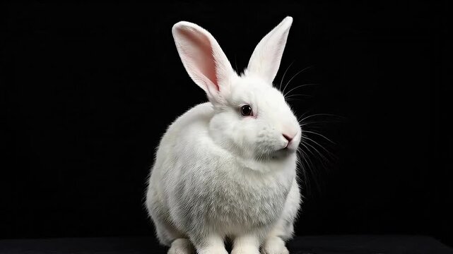Cute White Fluffy Rabbit Twitching Nose on Black Background