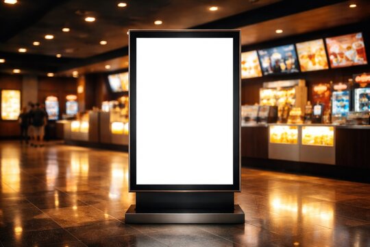 Blank advertising billboard in a cinema lobby with blurred concession stand background providing space for promotional content