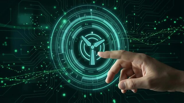 Hand interacting with digital wind turbine icon symbolizing zero carbon energy source for electricity generation and waste reduction in sustainable power systems futuristic interface