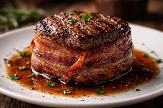 Juicy grilled filet mignon wrapped in smoky bacon on white plate with savory sauce