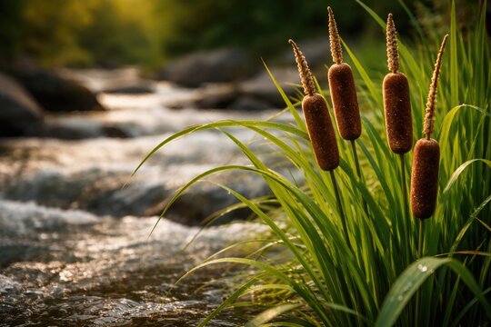 Close up of a thriving rogoz plant by flowing river with copy space