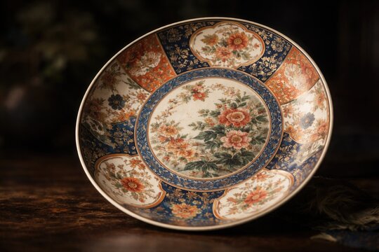 Soft focus photograph of a Japanese antique imari ware plate with intricate traditional patterns against a dark backdrop