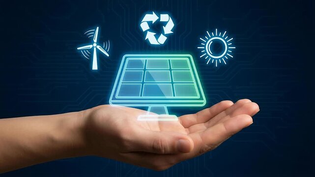 Solar panel wind turbine recycling icons floating above hand symbolizing zero carbon energy source for electricity economy waste reduction future technology digital solar panel with sun and turbine