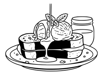 Grilled bread toast with ice cream scoop drizzled in syrup, served on plate with mint leaves and jar, Thai street dessert lineart illustration isolated on background © Suriya