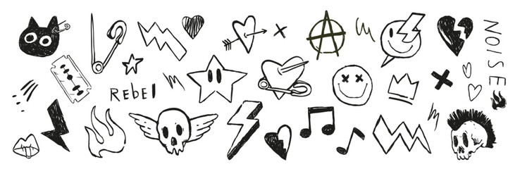 Punk doodle set with skulls, hearts, lightning, safety pins and grunge symbols. Edgy illustration for rebellious style, music culture, street art and alternative design. © Andrey