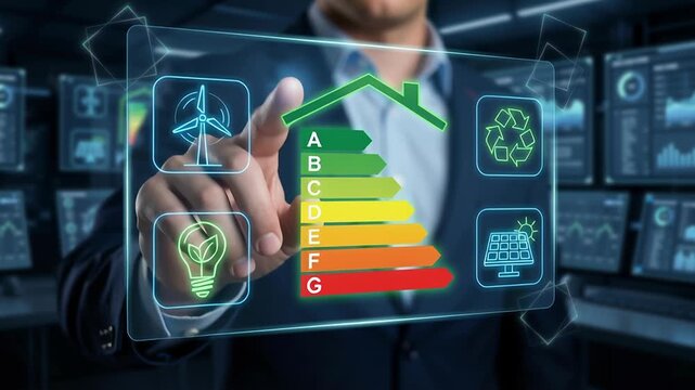 Energy source and electricity icons with house energy rating chart showing carbon reduction and zero carbon economy focus on waste reduction for sustainable power use and green technology innovation